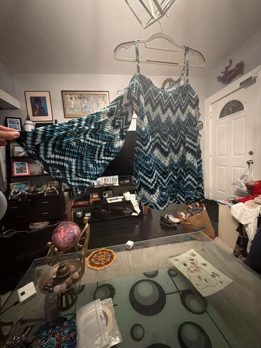 Torrid Blue and White Chevron Print Cold-Shoulder Bell Sleeve Smocked Blouse